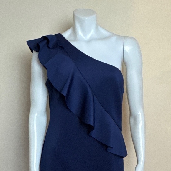 ELIZA J - Navy One Shoulder Ruffle Dress. Side zipper 
Size: 14. - Picture 8 of 8